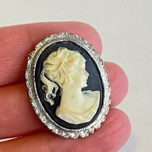 Vintage Cameo Brooch Silver Tone Black White Portrait Pin Victorian Style